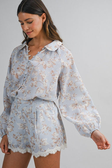 Floral Print Shirt and Short Set Light Blue