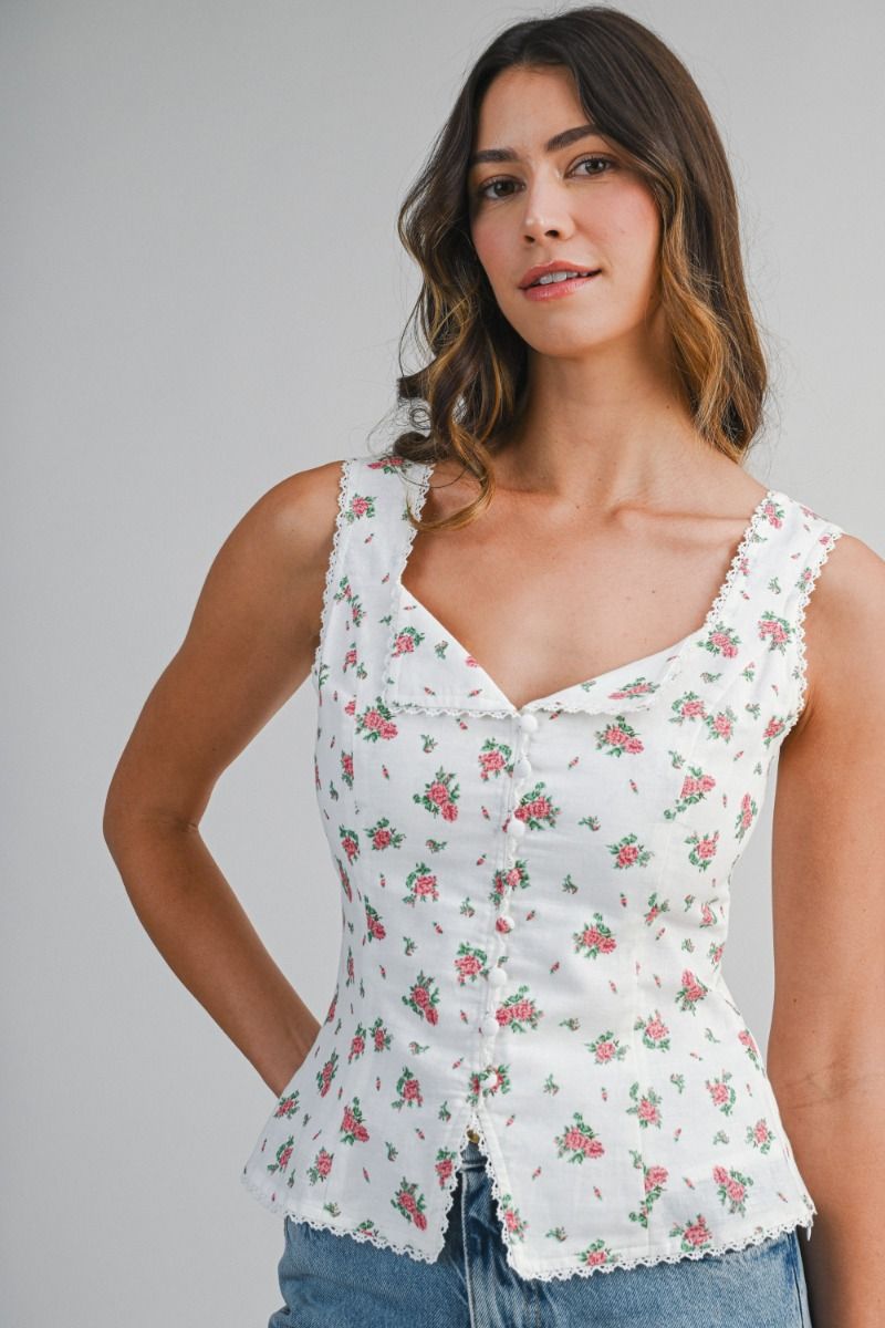 Load image into Gallery viewer, Floral Print Sleeveless Top Off White
