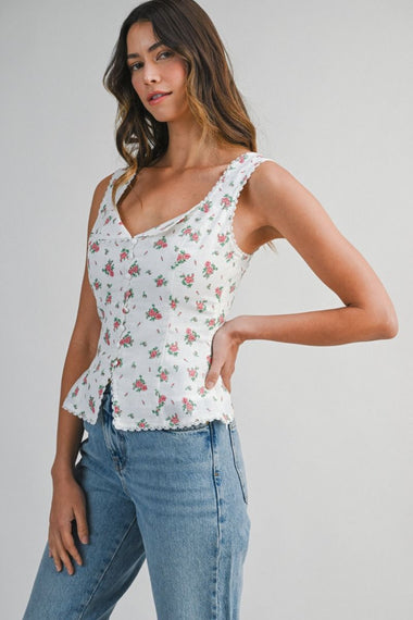 Floral Print Sleeveless Top Off White