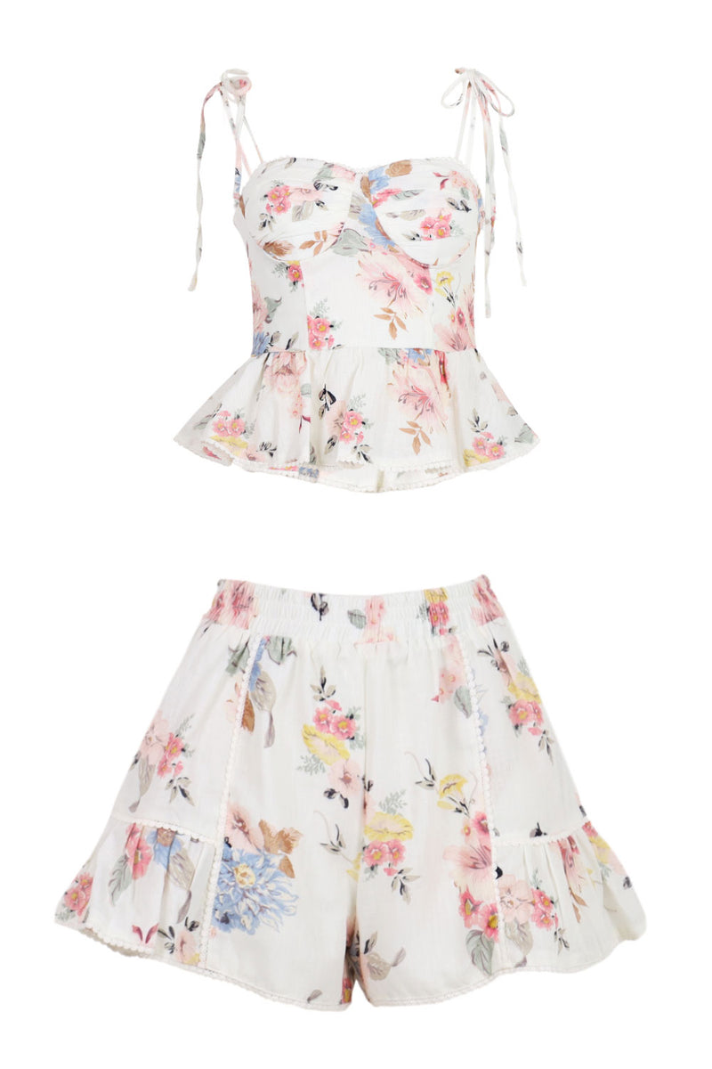 Floral Printed Top and Shorts Set Cream