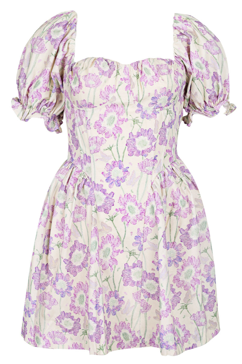 Floral Puff Sleeve Bustier Mini Dress Lavender