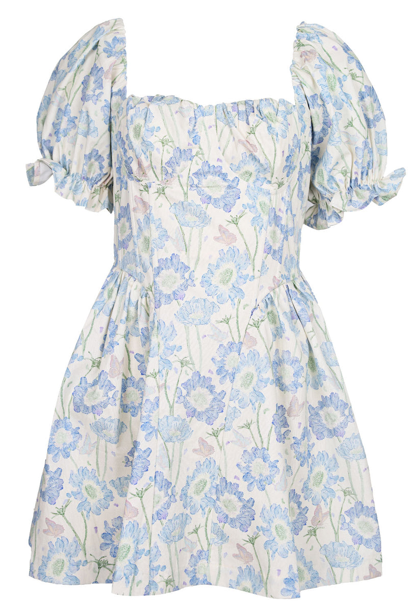 Floral Puff Sleeve Bustier Mini Dress Blue