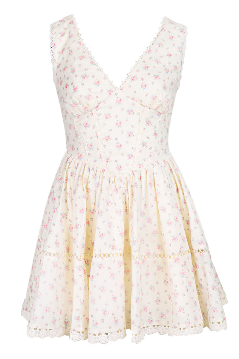 Floral V Neck Mini Dress Cream