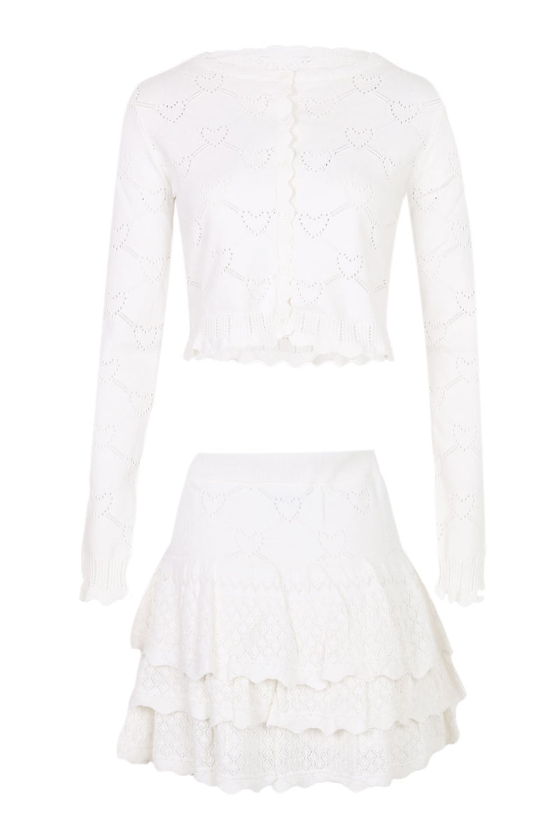 Heart Pointelle Knit Cardigan and Mini Skirt Set Off White