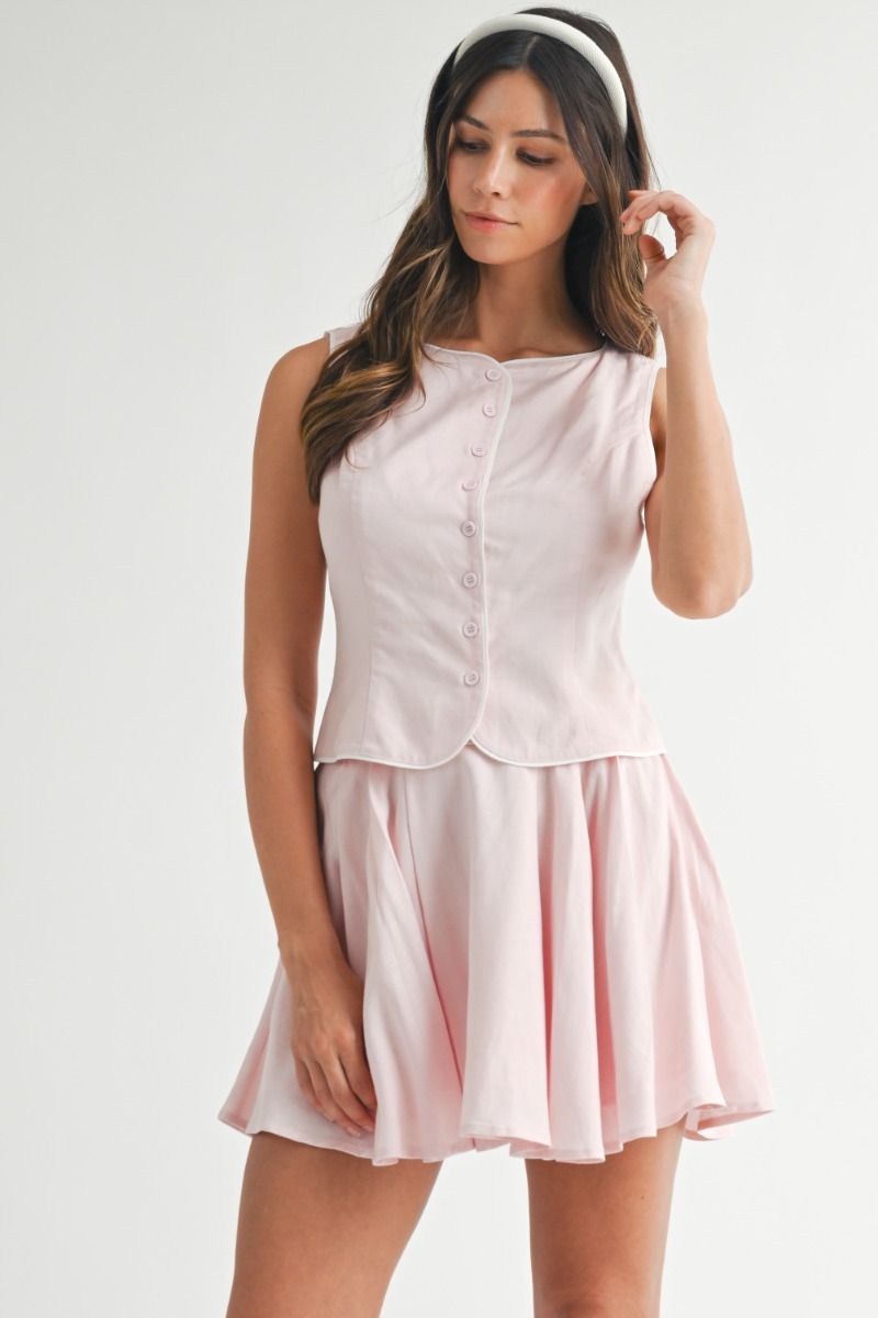 Indie Linen Vest with Piping Trim Set Pink