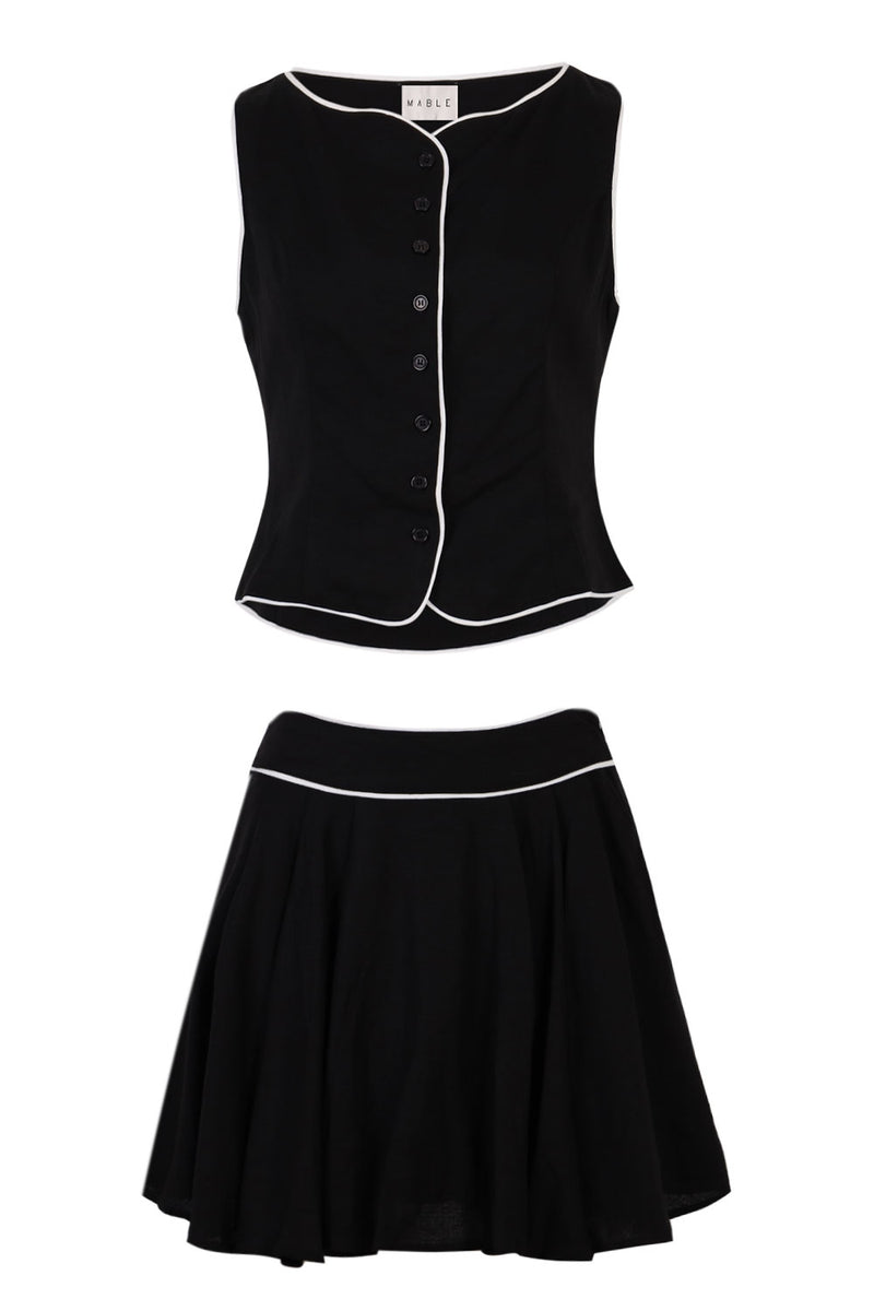 Indie Linen Vest with Piping Trim Set Black