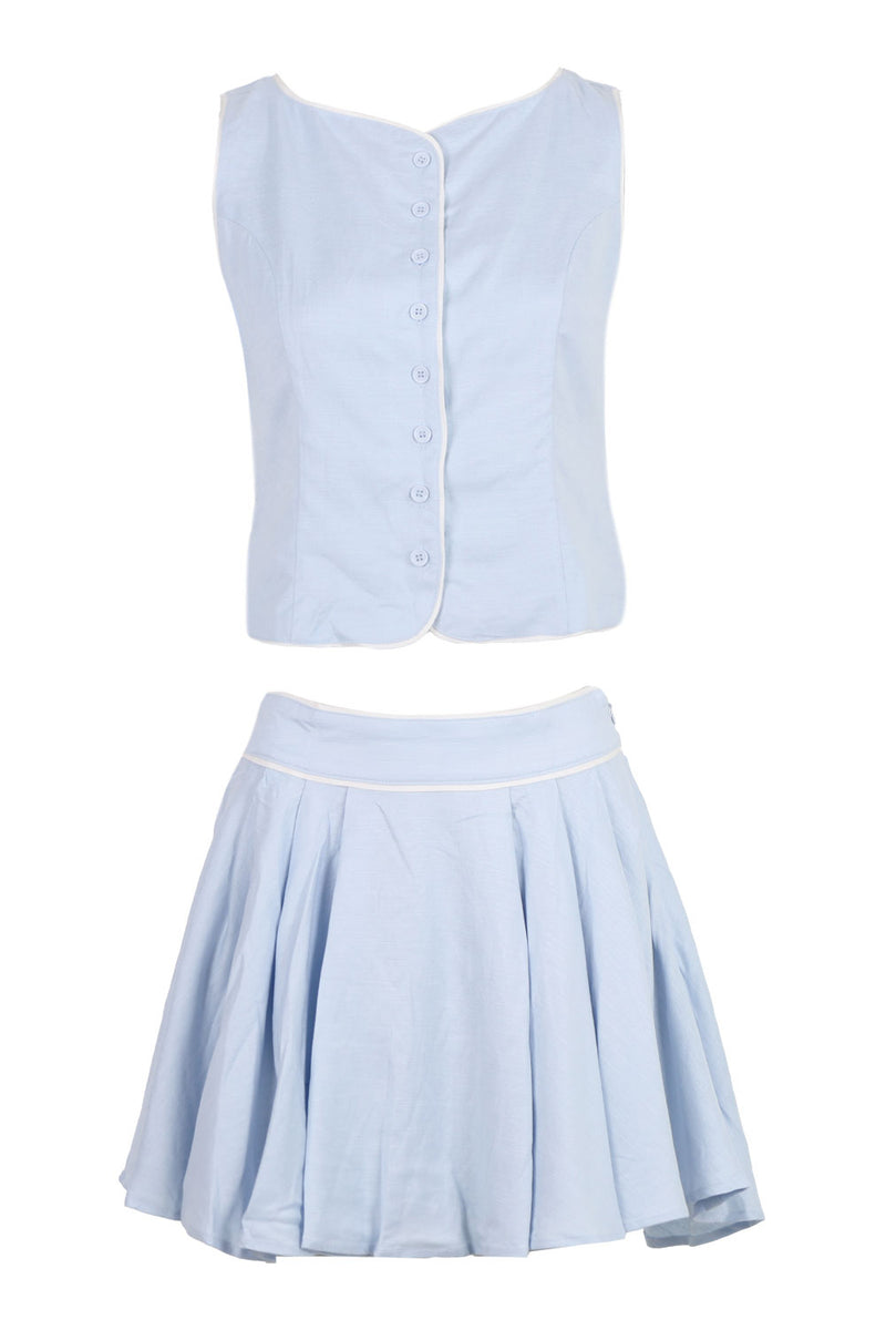 Indie Linen Vest with Piping Trim Set Blue