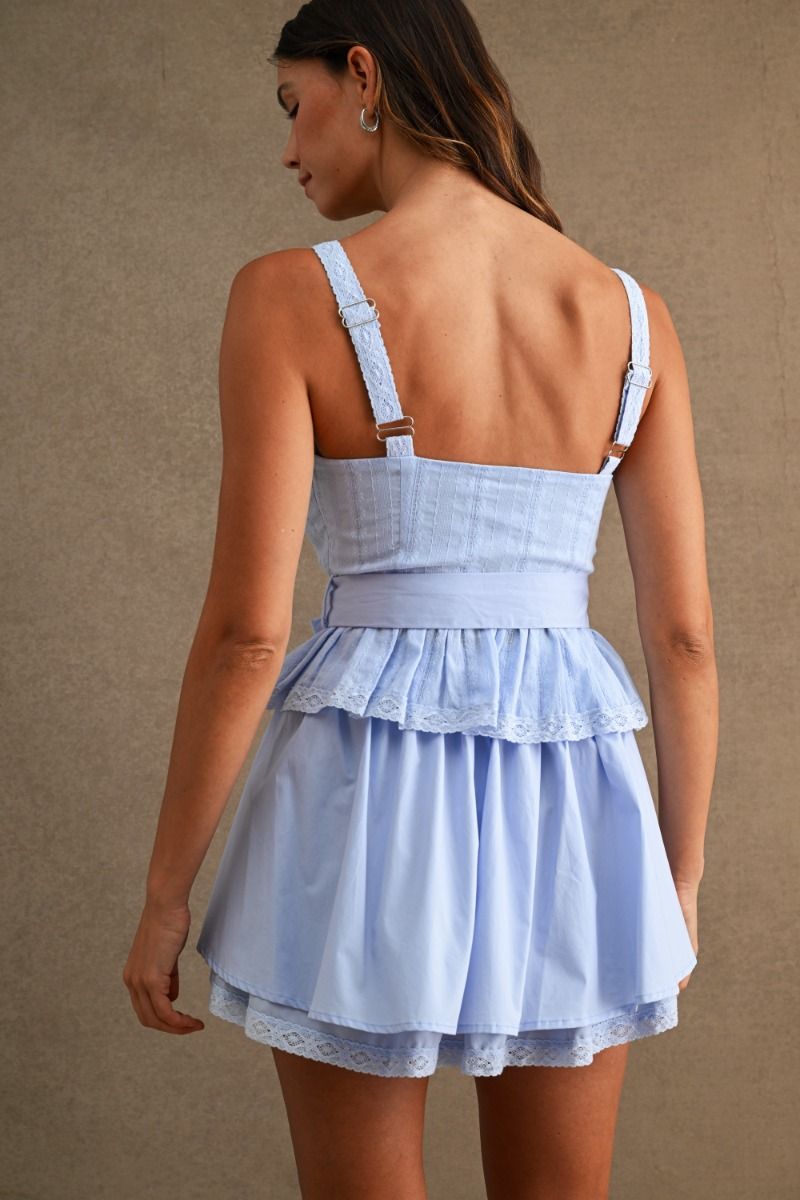 Load image into Gallery viewer, Lace Shoulder Top and Skirt Set Blue
