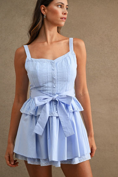 Lace Shoulder Top and Skirt Set Blue