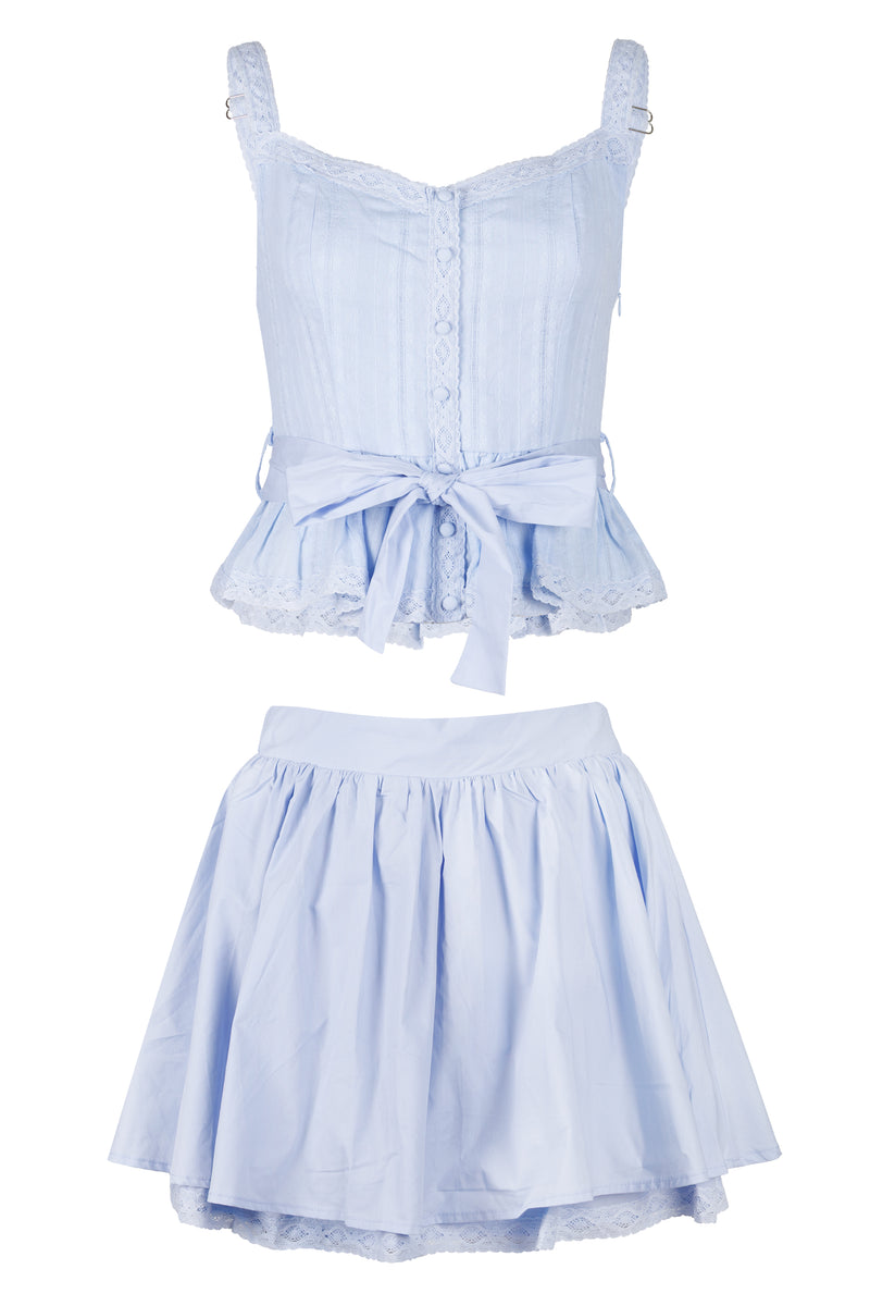 Lace Shoulder Top and Skirt Set Blue