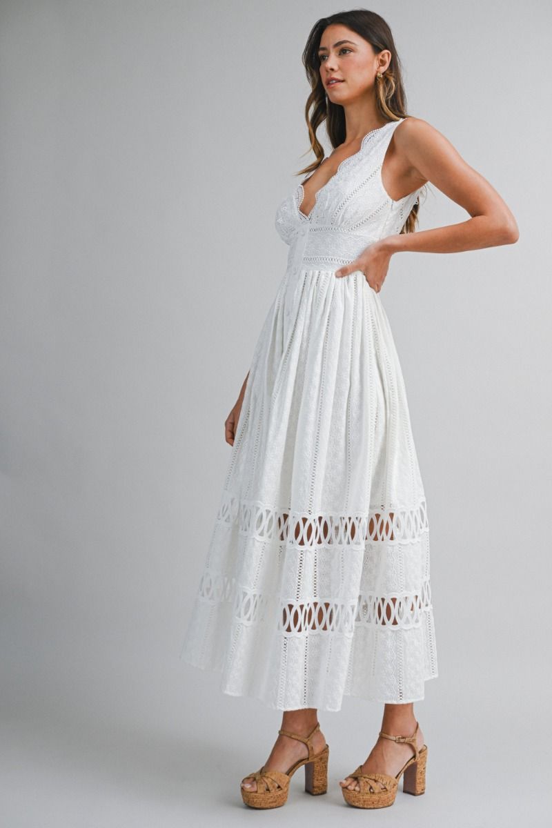 Load image into Gallery viewer, Lace Trim Midi Dress Off White
