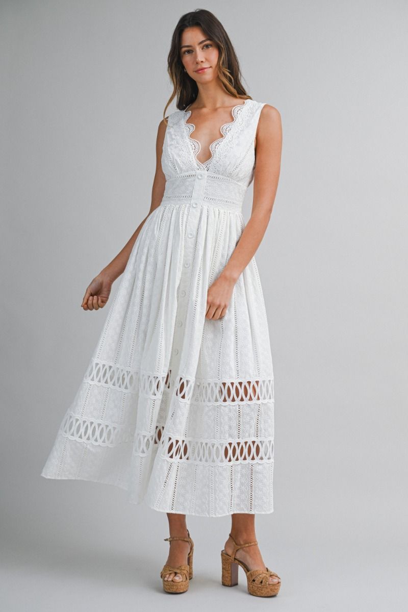 Load image into Gallery viewer, Lace Trim Midi Dress Off White
