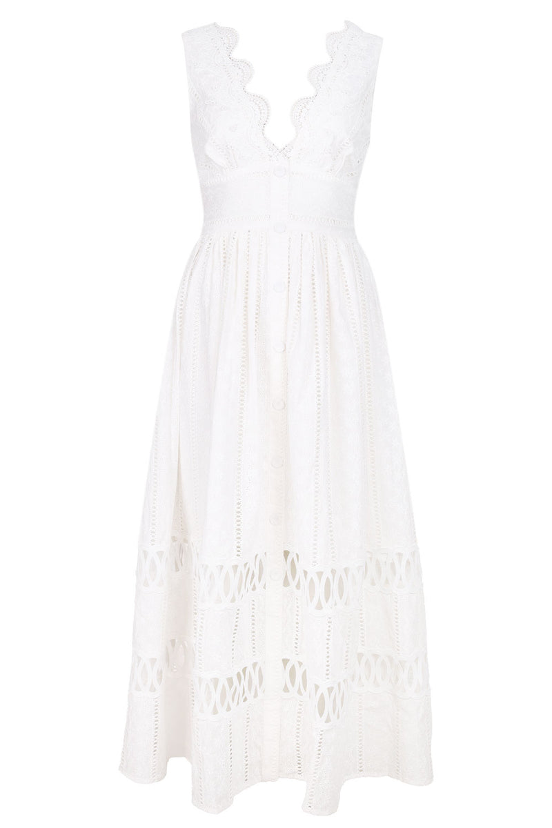 Lace Trim Midi Dress Off White
