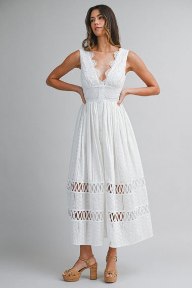 Lace Trim Midi Dress Off White