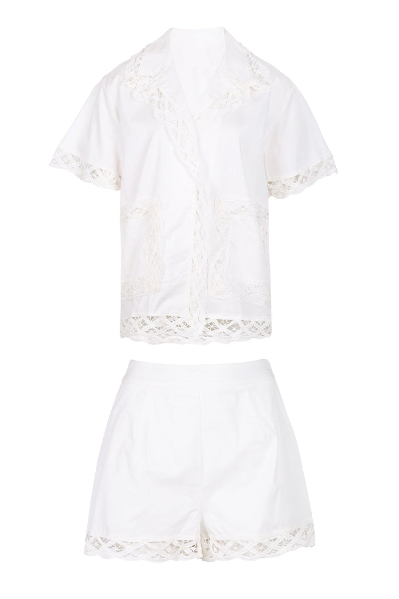 Lace Trim Shirt and Short Set Off White