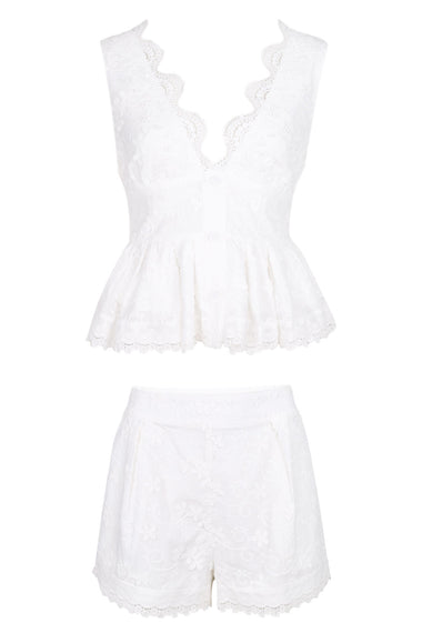 Lace Trim Top and Shorts Set Off White