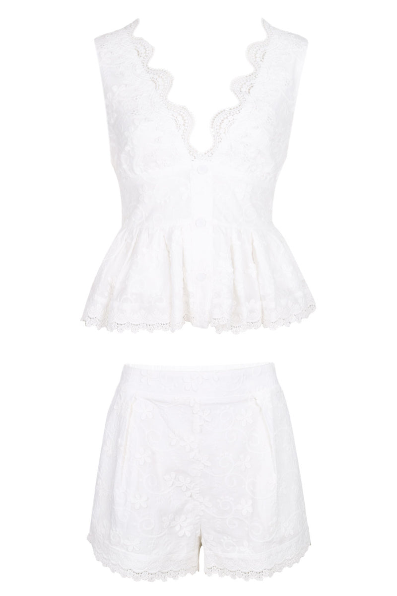 Lace Trim Top and Shorts Set Off White