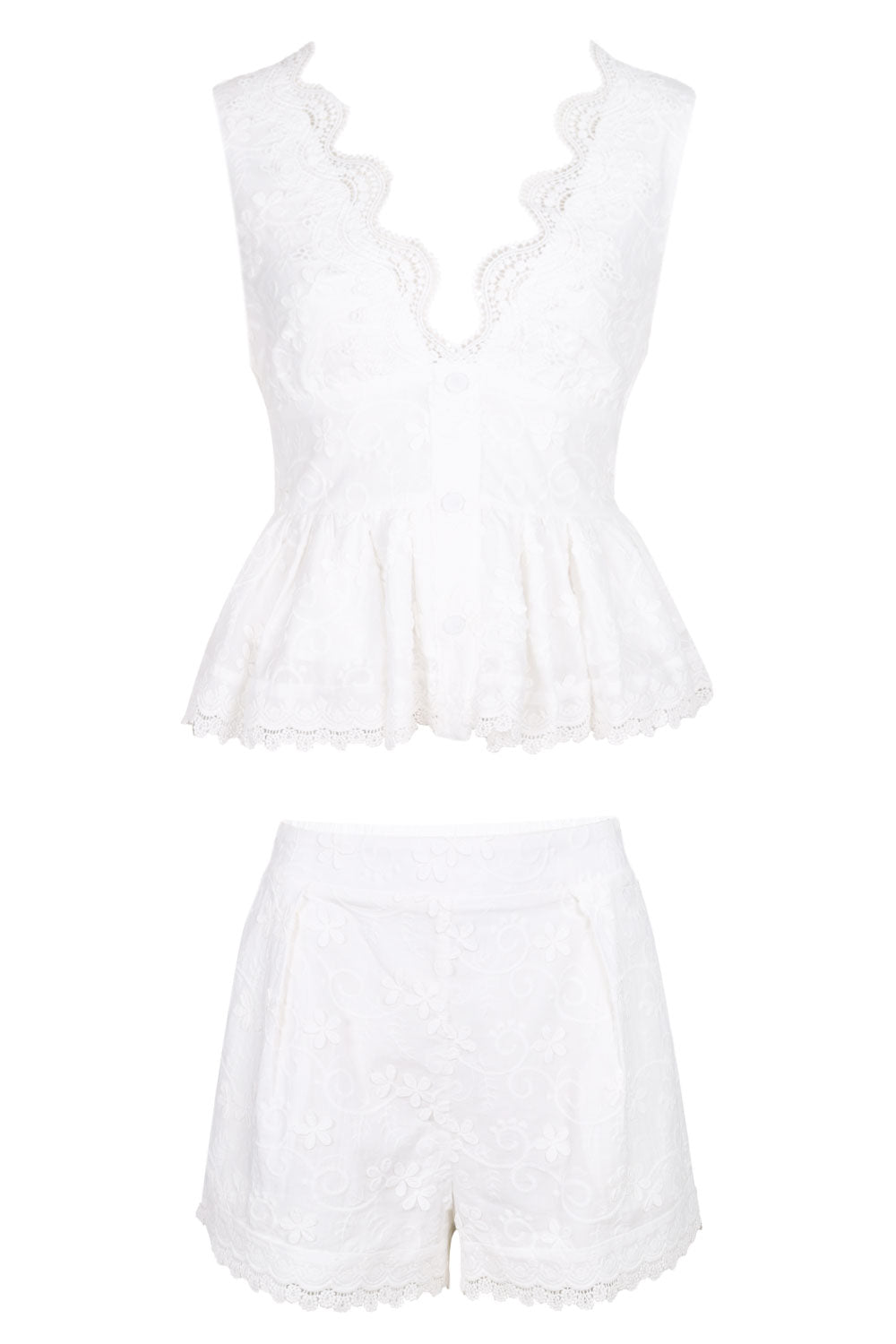Load image into Gallery viewer, Lace Trim Top and Shorts Set Off White
