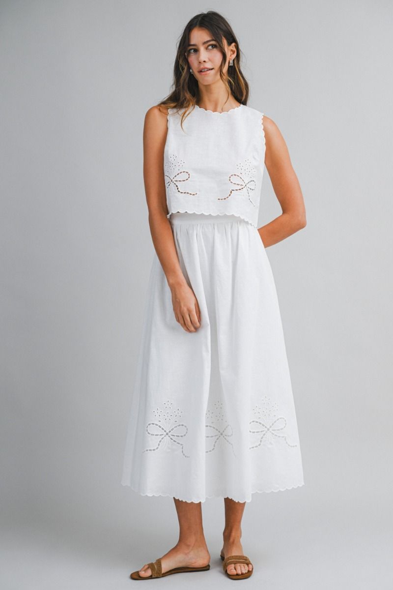 Load image into Gallery viewer, Linen Eyelet Crop Top and Midi Skirt Set Off White

