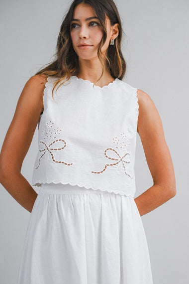Linen Eyelet Crop Top and Midi Skirt Set Off White
