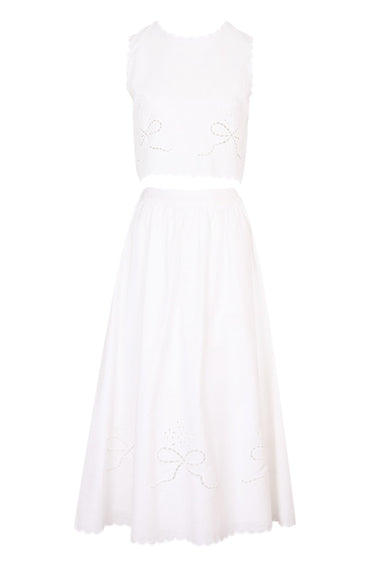 Linen Eyelet Crop Top and Midi Skirt Set Off White
