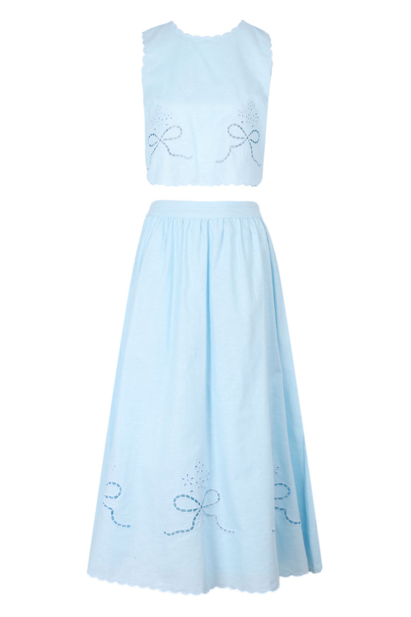 Linen Eyelet Crop Top and Midi Skirt Set Blue