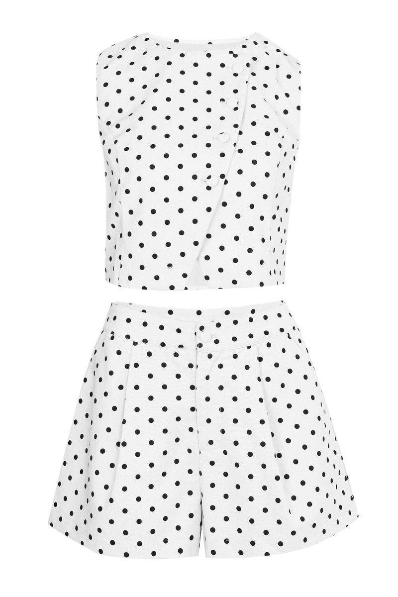 Linen Polka Dot Vest and Shorts Set Off White