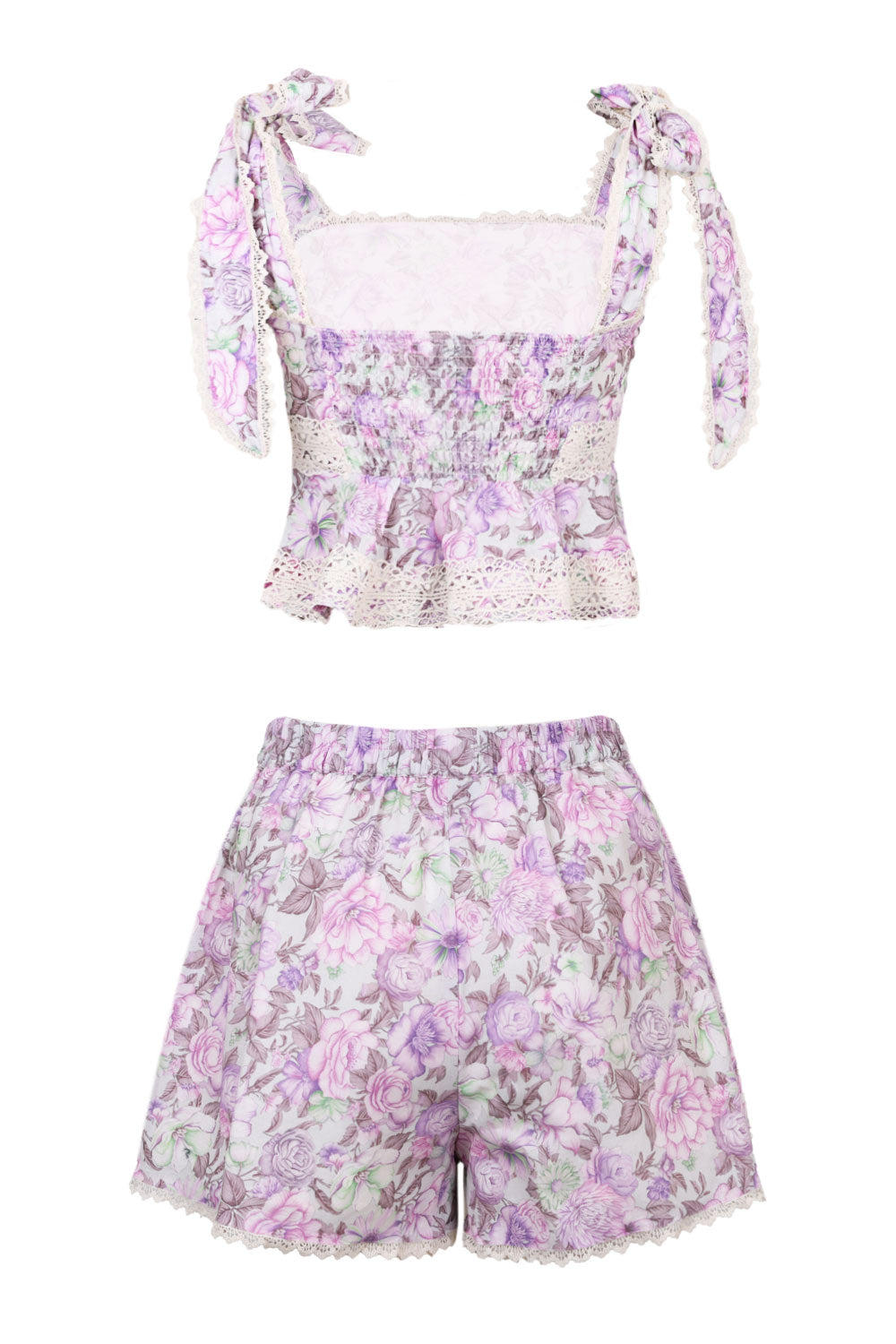 Load image into Gallery viewer, Linen Printed Shoulder Top and Shorts Set Lavender
