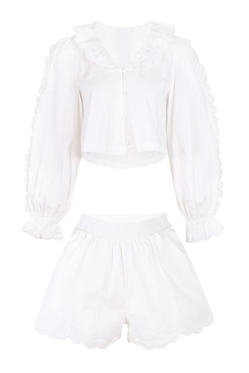 Long Sleeve Blouse and Shorts Set Off White