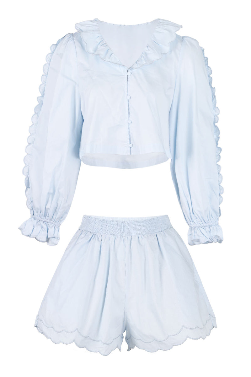Long Sleeve Blouse and Shorts Set Light Blue
