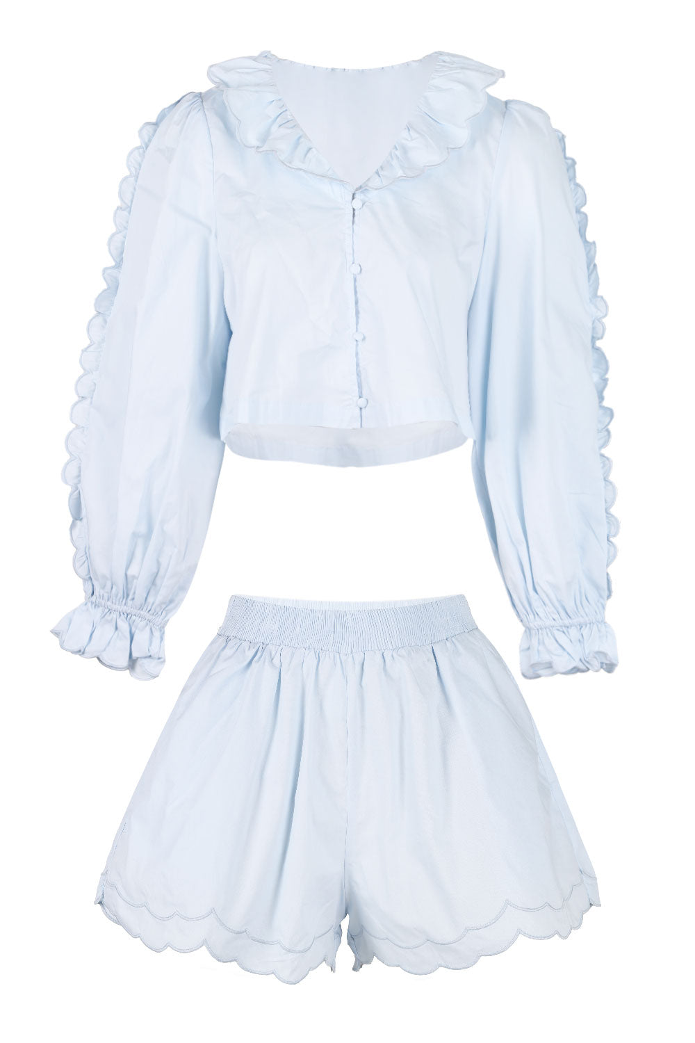 Load image into Gallery viewer, Long Sleeve Blouse and Shorts Set Light Blue
