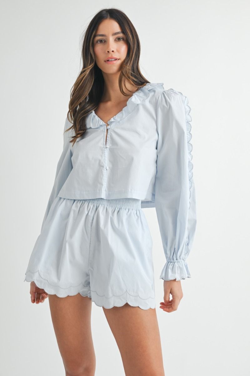 Load image into Gallery viewer, Long Sleeve Blouse and Shorts Set Light Blue
