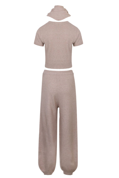 Ondine Basic Knit Top and Jogger Pants Set with Scarf Taupe