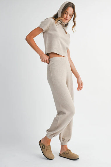 Ondine Basic Knit Top and Jogger Pants Set with Scarf Taupe
