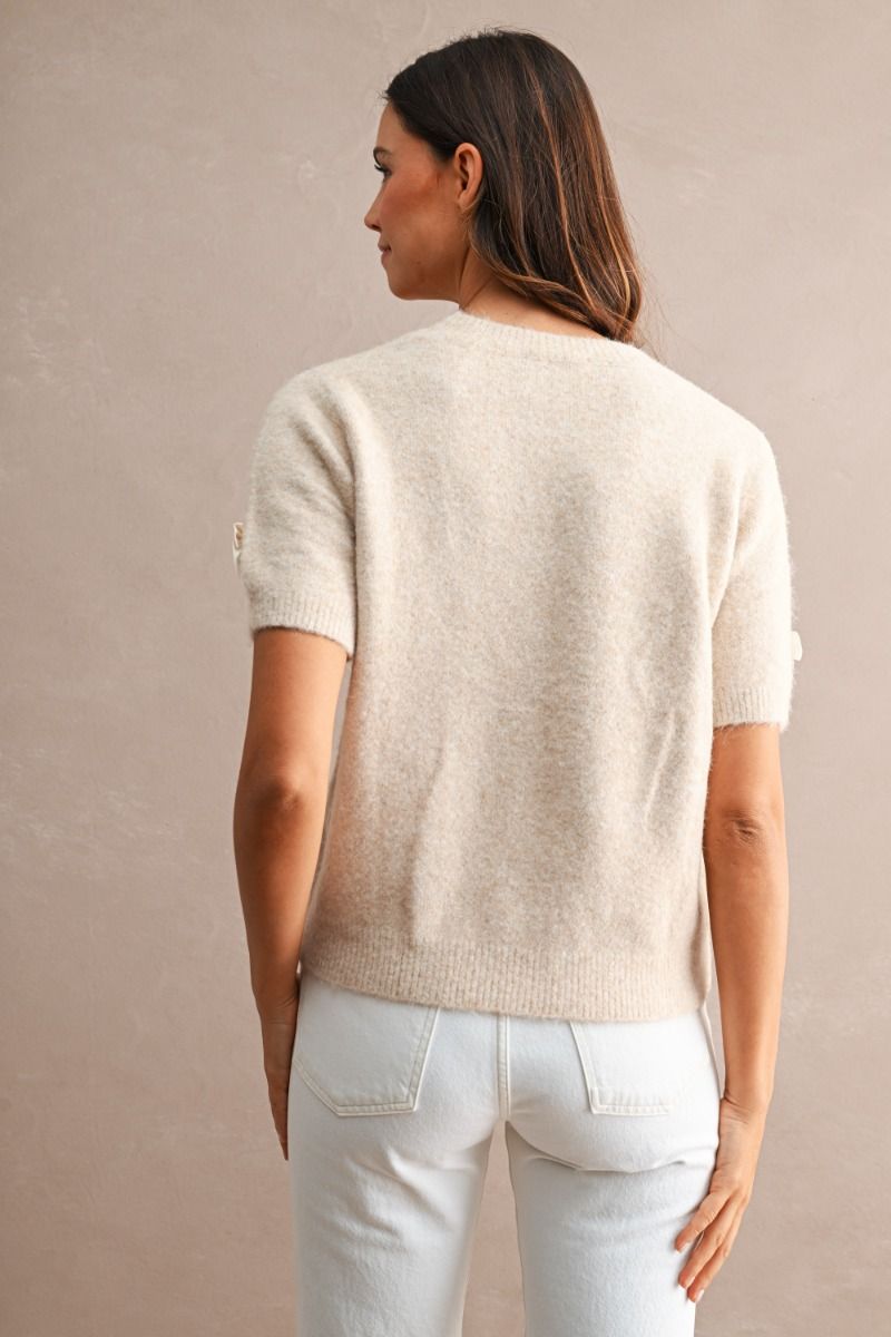 Load image into Gallery viewer, Ribbon Detail Knit Top Lt Taupe/Cream
