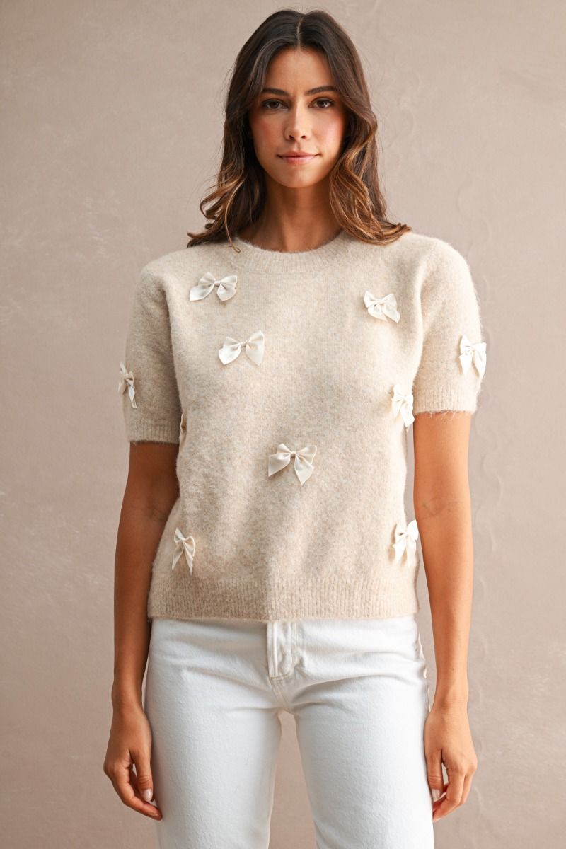 Load image into Gallery viewer, Ribbon Detail Knit Top Lt Taupe/Cream
