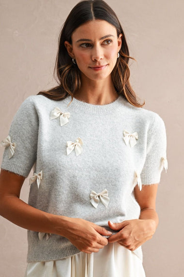 Ribbon Detail Knit Top Lt Grey/Cream