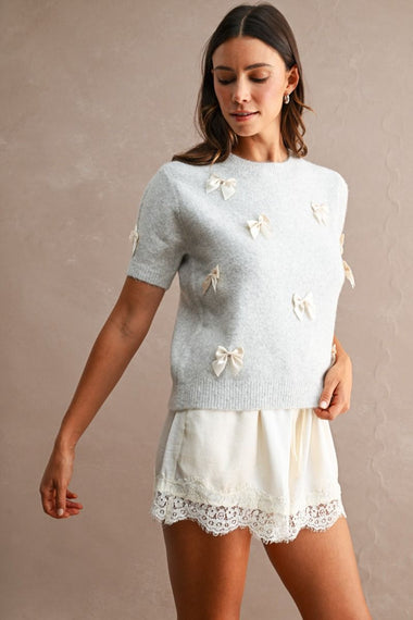 Ribbon Detail Knit Top Lt Grey/Cream