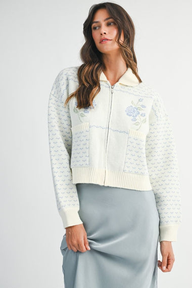 Rose Jacquard Zip Up Jacket Blue
