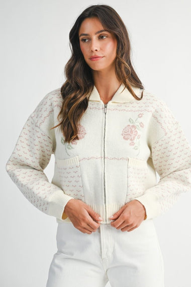 Rose Jacquard Zip Up Jacket Pink