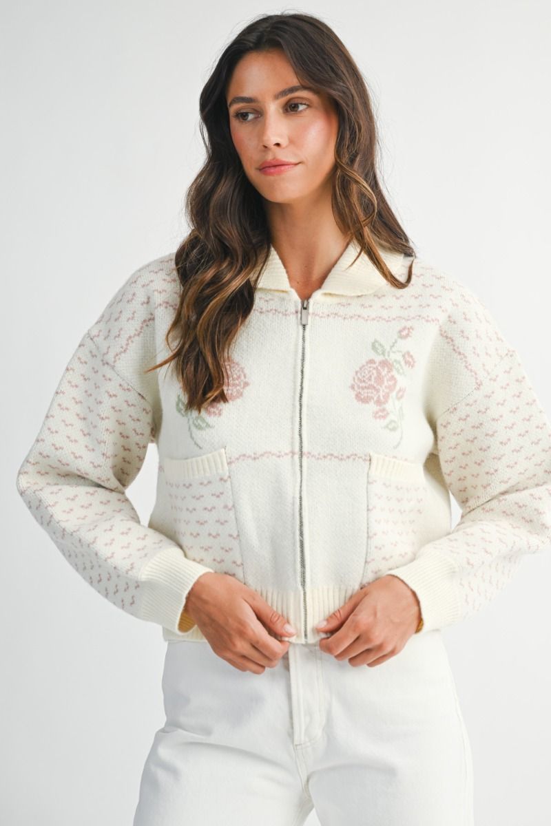 Load image into Gallery viewer, Rose Jacquard Zip Up Jacket Pink

