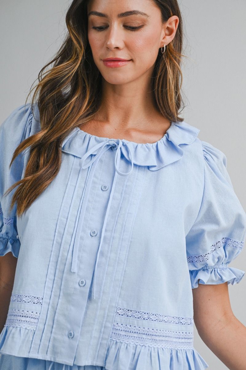 Load image into Gallery viewer, Ruffle Blouse and Shorts Set Blue
