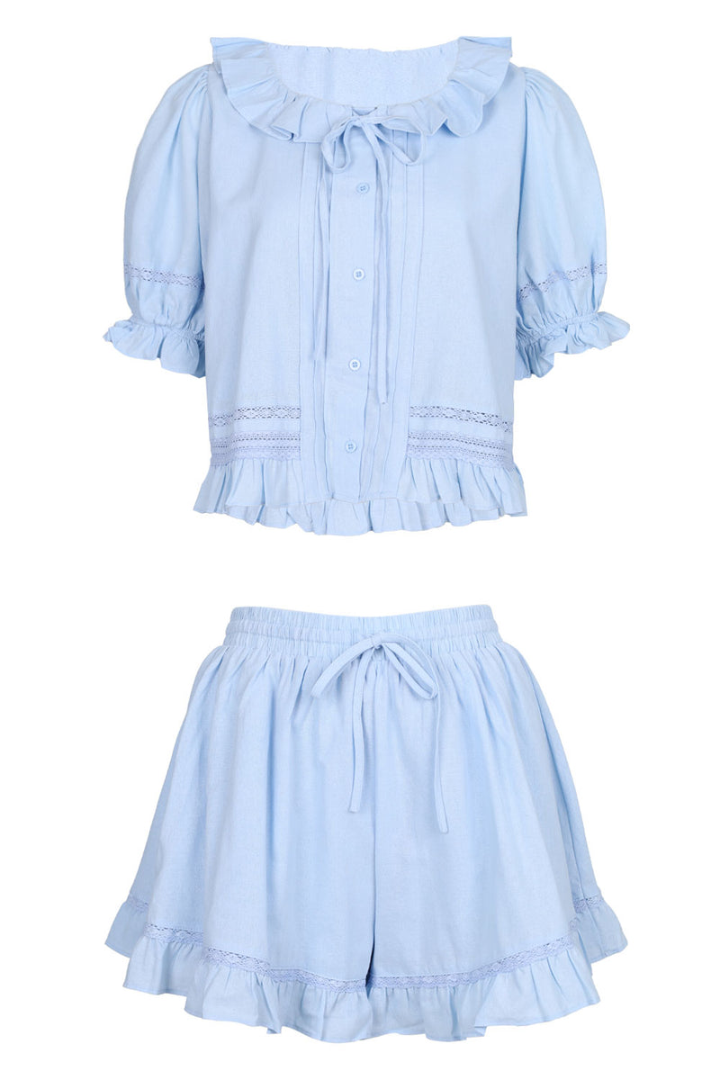 Ruffle Blouse and Shorts Set Blue