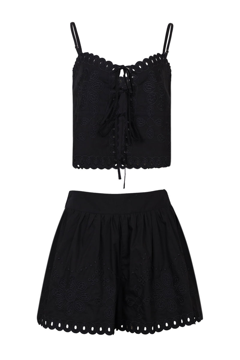 Scallop Embroidered Cai and Shorts Set Black
