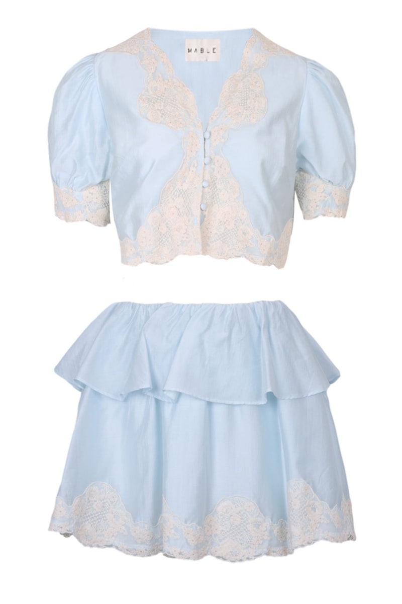 Scalloped Lace Trim Top and Shorts Set Blue