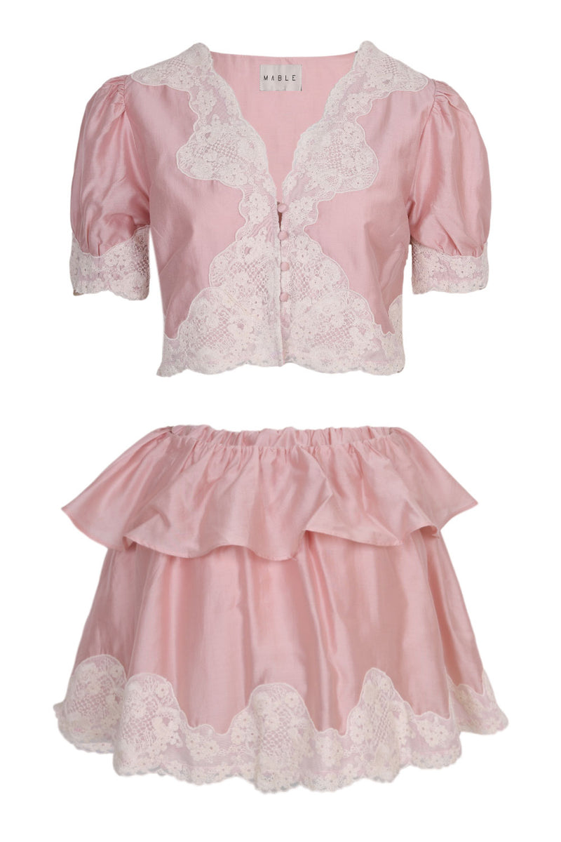 Scalloped Lace Trim Top and Shorts Set Pink