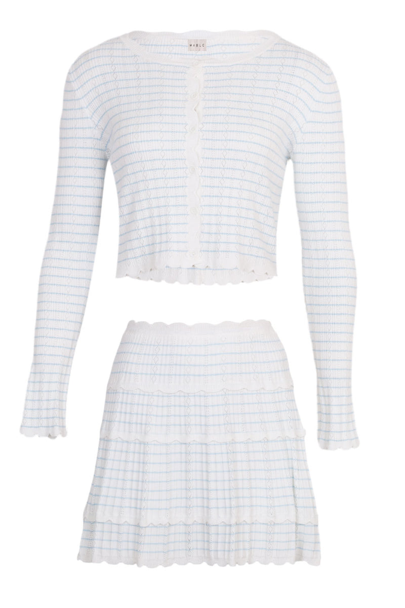Stripe Pointelle Cardigan and Mini Skirt Set Blue