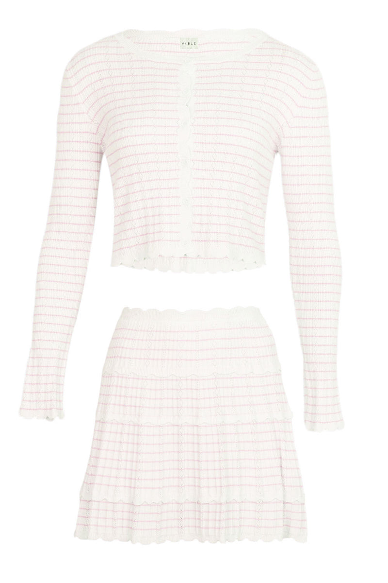 Stripe Pointelle Cardigan and Mini Skirt Set Pink