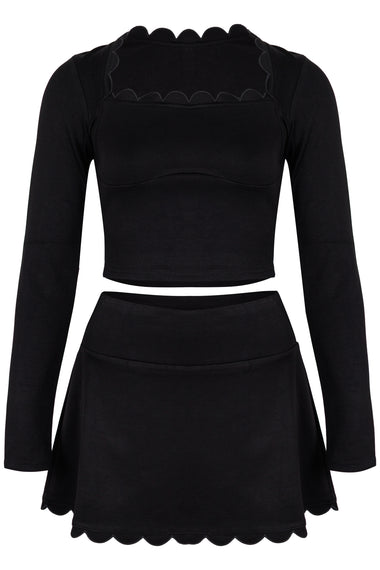 Scalloped Top and Skort Set Black