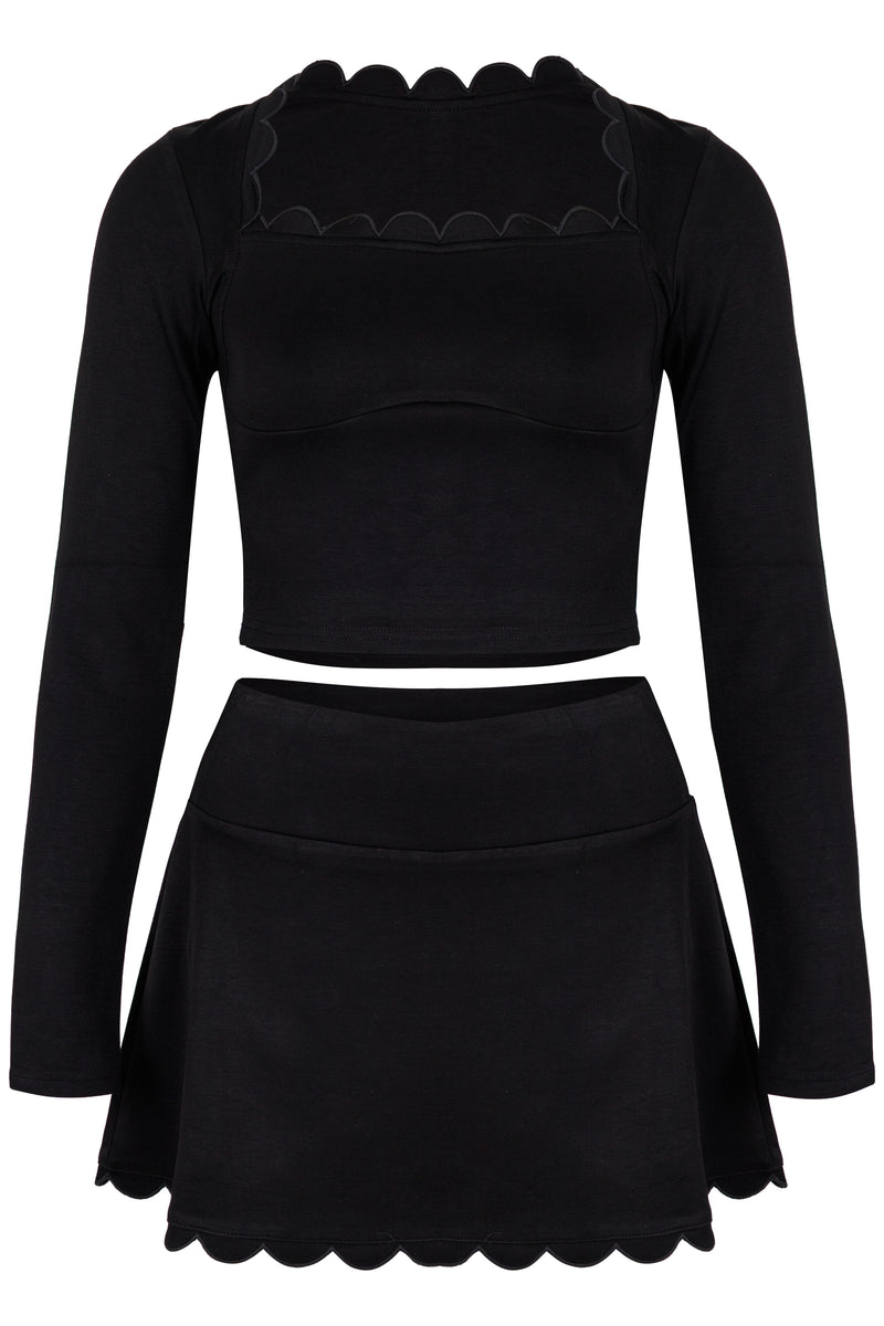 Scalloped Top and Skort Set Black